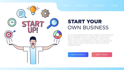 character with his hands up and star up Icons are arranged in a semicircle above the head