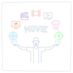 character with his hands up and video production cinema movie doodle icon