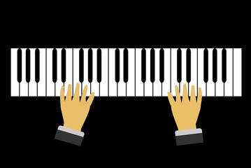 Fototapeta premium Close up hands are playing piano from the high angle on black background