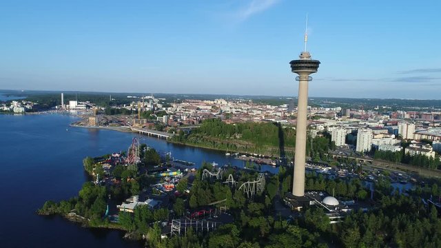 Beautiful aerial footage of Tampere city at sunset
