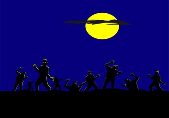 Group of silhouette zombies have moon and blue sky background