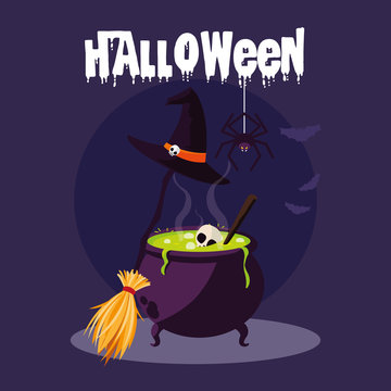 halloween card with witch cauldron