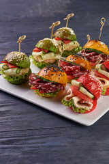 Fashionable set of multi-colored small hamburgers. Snack in the form of sandwiches with different fillings on a square plate. A treat for a buffet. Vegetarian and meat burgers.