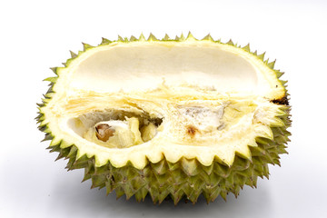 Fototapeta premium Tropical fruit durian half cut on white background. Tasty fruit with awfull smell. Exotic fruit durian half cut