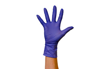 Male or female hands in rubber gloves of different colors isolated on white background showing different gestures. Concept of the work of a surgeon, cook, housewife