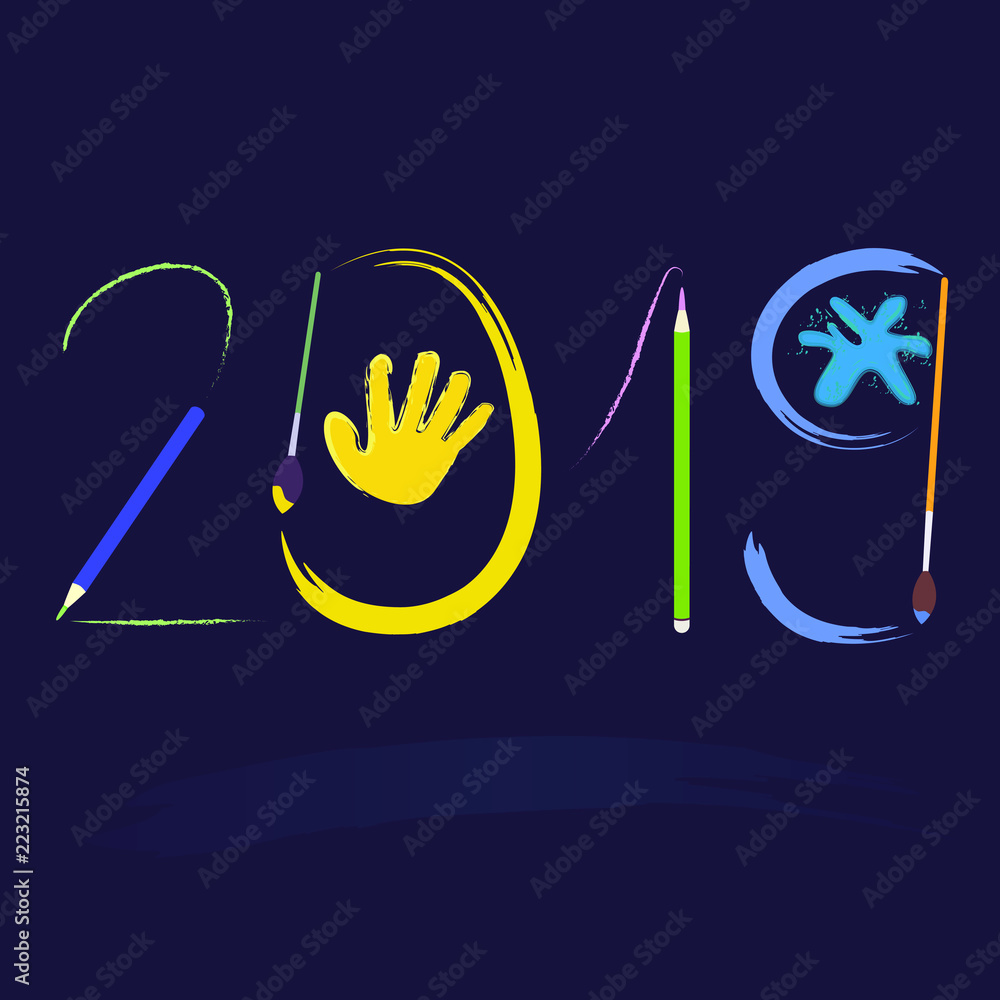 Fototapete 2019 hand written lettering on a black background. happy new year card design. vector illustration e