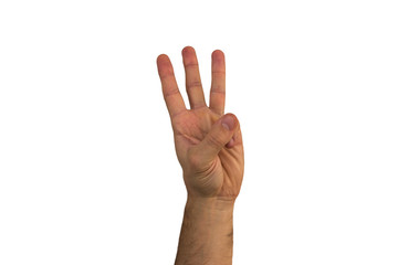 Male hand on a white background shows different gestures. Isolate