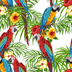 Naklejka premium Tropical seamless pattern with parrots.