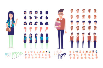 Front, side, back, 3/4 view animated characters. Boy and girl students characters creation set with various views, hairstyles, poses and gestures.Cartoon style, flat vector illustration.