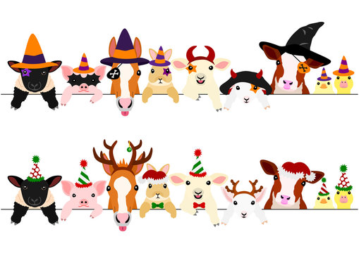 Cute Farm Animal Babies Border Set With Halloween Costumes And With Christmas Costumes