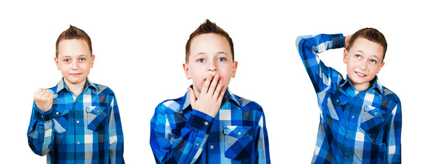 A set of portraits of a schoolboy isolated on a white background.