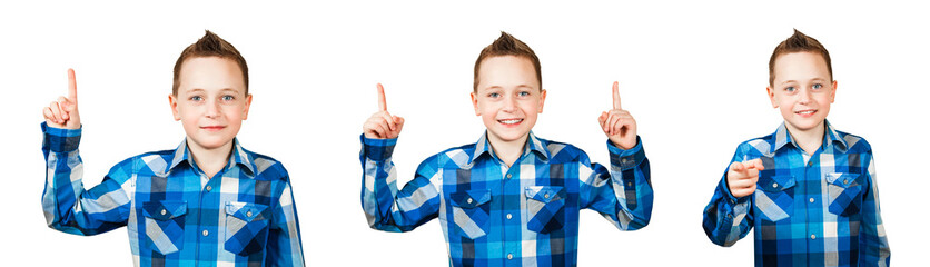 A set of portraits of a schoolboy isolated on a white background.