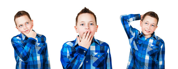 A set of portraits of a schoolboy isolated on a white background.