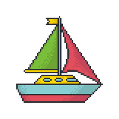 Sailing yacht pixel art style vector icon on white background.