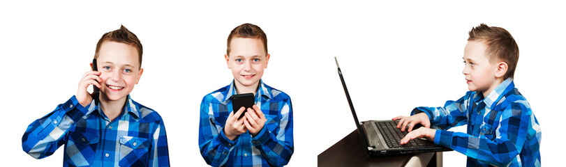 A set of portraits of a schoolboy isolated on a white background.