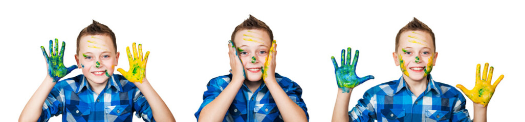 A set of portraits of a schoolboy with painting hands isolated on a white background.