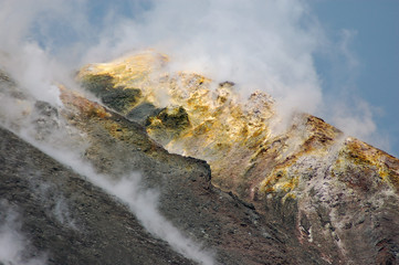Volcano Etna Sicily Italy fissure with steam and sulfur