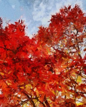 Oil painting. Art print for wall decor. Acrylic artwork. Big size poster. Watercolor drawing. Modern style fine art. Beautiful autumn landscape. Tree with red leaves