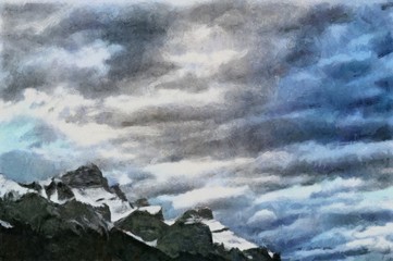 Oil painting. Art print for wall decor. Acrylic artwork. Big size poster. Watercolor drawing. Modern style fine art. Beautiful mountain winter landscape. Grey clouds.