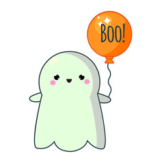 Halloween ghost holding balloon. Sticker in kawaii style
