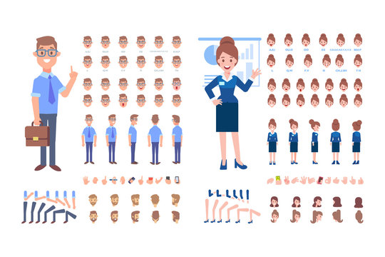 Front, side, back, 3/4 view animated characters.Business  Man and woman creation set with various views, hairstyles and gestures. Cartoon style, flat vector illustration.