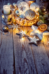 Christmas decoration for tree New year greeting card at old