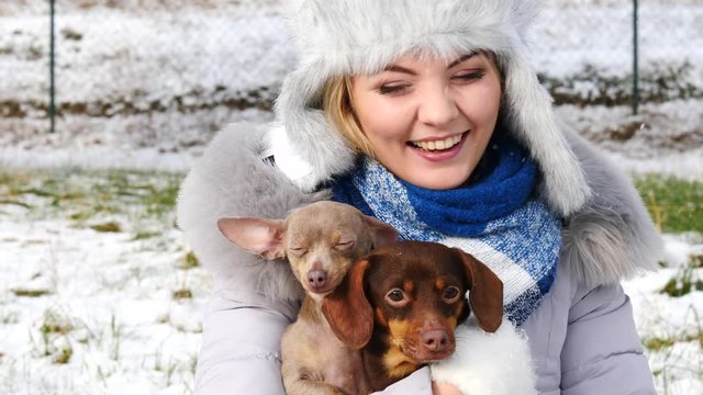 Young woman playing with her dogs, pinscher ratter prazsky krysarik and dachshund, outdoor during winter 
