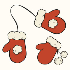 Red Santa's mittens collection isolated vector illustration. Christmas theme. Merry Christmas and Happy New Year design. Greeting card, invitation decoration. Xmas symbol set. Mittens with pompon.