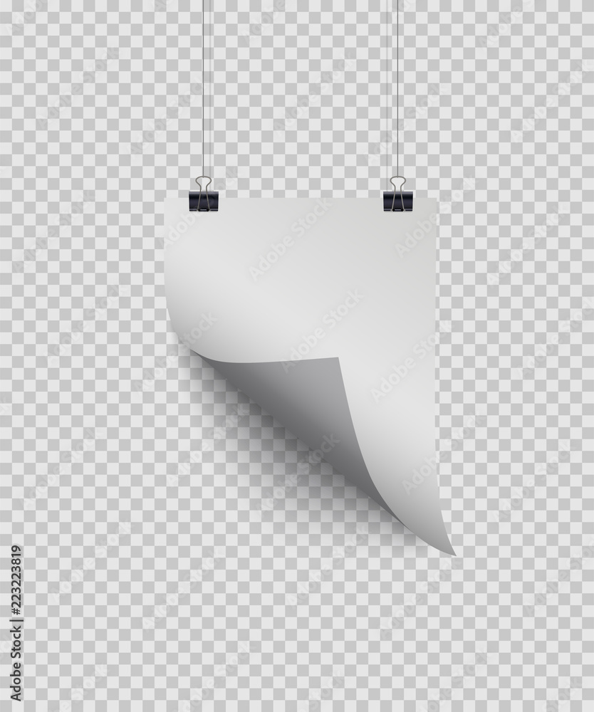Poster white paper sheet with curved edge hanging on paper clips isolated on transparent background. vector