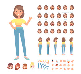 Front, side, back, 3/4 view animated character. Young girl character constructor with various views, face emotions, lip sync, poses and gestures. Cartoon style, flat vector illustration.