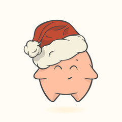 Christmas cartoon character in Santa's hat with pompon vector image isolated. Funny pillow with cute face. Children's Xmas design. Merry Christmas and Happy New Year style. Greeting card image.