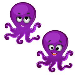 Set of funny laughing purple octopus isolated on white background. Vector cartoon close-up illustration.