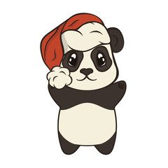 Cute Christmas cartoon panda bear character in Santa's hat with pompon vector image isolated on white. Funny bearcat Children's Xmas design. Merry Christmas and Happy New Year Greeting card image.