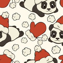 Christmas seamless pattern for children with pompon, mittens and panda bear in red Santa's hat cartoon character. Repeated pattern. Merry Christmas and Happy New Year design in funny style. Xmas mood.