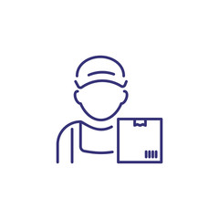 Courier line icon. Man in cap with parcel, box, package. Occupation concept. Can be used for topics like logistics, order delivery, customer service