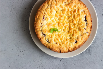 Homemade tasty shortcrust pie with fruit or jam, crumble and mint on grey concrete background.