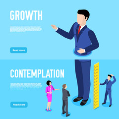 isometric image on a blue background, men and a woman in business clothes stand near a giant human size, a template for a lending