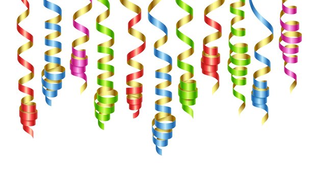 Party decorations color streamers or curling party ribbons. Vector illustration