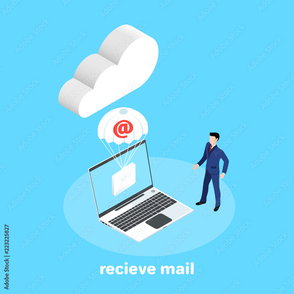 Poster an isometric image, a man in a business suit is standing in front of a laptop screen and an envelope