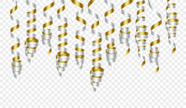 Party decorations golden and silver streamers or curling party ribbons. Vector illustration
