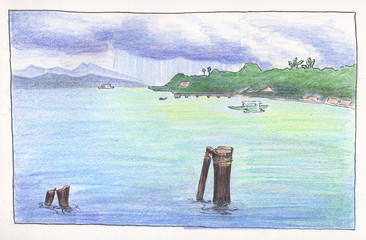 Seaside and lagoon under storm cloud. Handdrawn illustration seaview. Marine travel landscape pencil sketch.