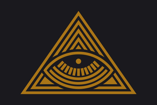 All seeing eye in delta triangle. Pyramid and freemasonry icon, new world order emblem
