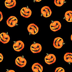 Seamless pattern with orange jack o lantern heads on black background. Hand drawn watercolor illustration.
