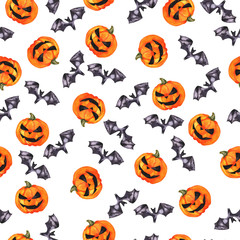 Seamless pattern with orange jack o lantern and dark bats on white background. Hand drawn watercolor illustration.