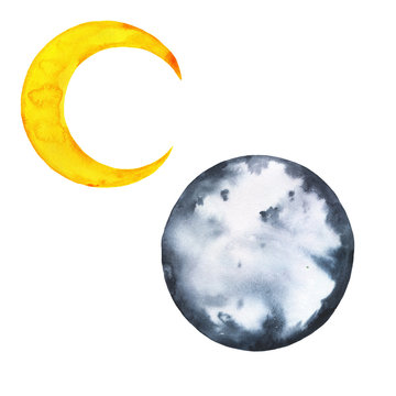 Set of full dark moon and yellow crescent isolated on white background. Hand drawn watercolor illustration.