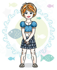 Little redhead girl cute child toddler in casual clothes standing on marine backdrop with ocean and fishes. Vector pretty nice human illustration.