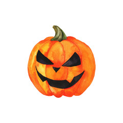 Bright jack o lantern isolated on white background. Hand drawn watercolor illustration.