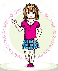 Little blonde cute girl toddler in casual clothes. Vector Illustration of pretty child standing.