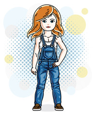 Beautiful red-haired girl wearing casual clothes standing on colorful backdrop with bubbles. Vector human illustration.
