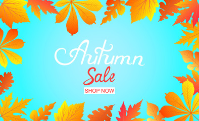 Autumn Sale poster with falling leaves. Hand inscription.